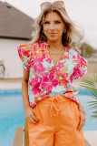 Pink Flutter Sleeve V Neck Floral Print Shift Blouse