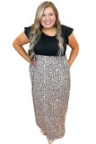 Black Plus Size Rib Leopard Short Sleeve Maxi Dress