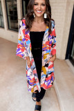 Multicolor Abstract Print Quarter Sleeve Pocketed Open Front Kimono