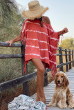 Red Tie Dye Striped Fringe Trim Oversized T-shirt Dress