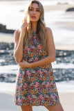 Multicolor Vintage Floral Print Keyhole Back Sleeveless Mini Dress