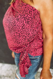 Pink Plus Slant One Shoulder Leopard Tie Drape Blouse