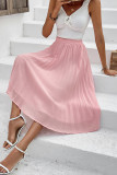 Pink Elastic Waist Pleated Skirt