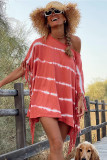 Red Tie Dye Striped Fringe Trim Oversized T-shirt Dress