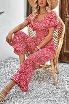 Red Floral Print Ruffle Sleeves Wide Leg Jumpsuit