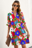 Orange Split V Collar Ruffle Sleeve Floral Shift Dress