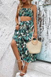 Green Palma Print Spaghetti Top and Skirt 2PCS Set