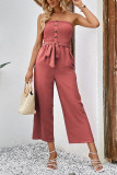 Red Off Shoulder Button Up Jumpsuit with Pockets