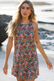 Multicolor Vintage Floral Print Keyhole Back Sleeveless Mini Dress