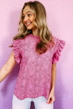 Pink Polka Dot Frill Neck Flutter Sleeve Blouse