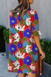 Orange Split V Collar Ruffle Sleeve Floral Shift Dress