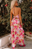 Red Halter Neck Backless Floral Print Maxi Dress with Ties