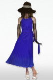 Plain Halter Pleated Maxi Dress With Sash