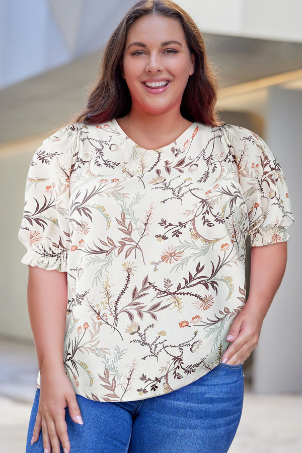 White Plus Size Botanical Print Puff Sleeve Blouse