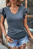 Gray Ruffle Short Sleeves V Neck Drawstring Top