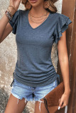 Gray Ruffle Short Sleeves V Neck Drawstring Top