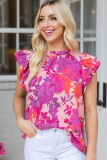Rose Floral Flutter Sleeves Frilled Neck Blouse