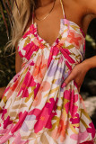 Red Halter Neck Backless Floral Print Maxi Dress with Ties