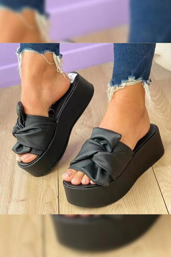 Plain PU Bow Platform Slippers