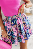 Purple Floral Elastic High Waist Tiered Ruffled Skirt