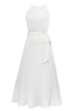 Plain Halter Pleated Maxi Dress With Sash