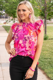 Rose Floral Flutter Sleeves Frilled Neck Blouse