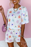 White Flower Print Short Sleeve High Waist Two Piece Shorts Set