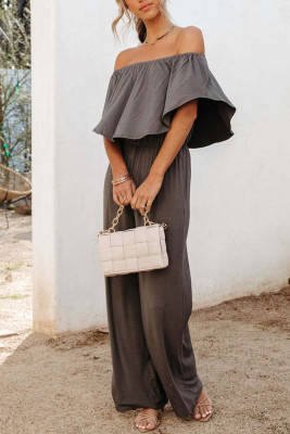 Gray Solid Color Off Shoulder Wide Leg Jumpsuit