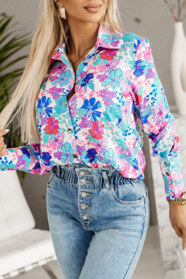Sky Blue Flower Print Button-up Slim-fit Long Sleeve Shirt