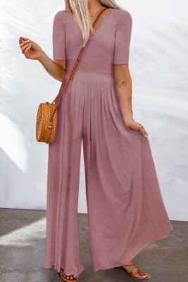 Pink Short Sleeve Bodice Flowy Wide Leg Jumpsuit