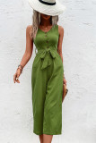 Plain V Neck Buttoned Wide Leg Jumpsuit With Sash