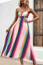 Multicolor Striped V Neck Spaghetti Strap Backless Maxi Dress