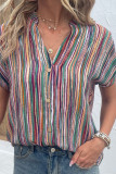 Multicolor Stripe V Neck Open Button Blouse Shirt