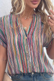 Multicolor Stripe V Neck Open Button Blouse Shirt