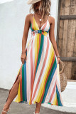Multicolor Striped V Neck Spaghetti Strap Backless Maxi Dress
