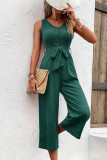 Plain V Neck Buttoned Wide Leg Jumpsuit With Sash