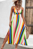 Multicolor Striped V Neck Spaghetti Strap Backless Maxi Dress