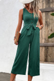 Plain V Neck Buttoned Wide Leg Jumpsuit With Sash