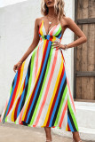 Multicolor Striped V Neck Spaghetti Strap Backless Maxi Dress