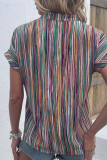 Multicolor Stripe V Neck Open Button Blouse Shirt