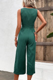Plain V Neck Buttoned Wide Leg Jumpsuit With Sash
