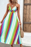 Multicolor Striped V Neck Spaghetti Strap Backless Maxi Dress