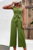 Plain V Neck Buttoned Wide Leg Jumpsuit With Sash