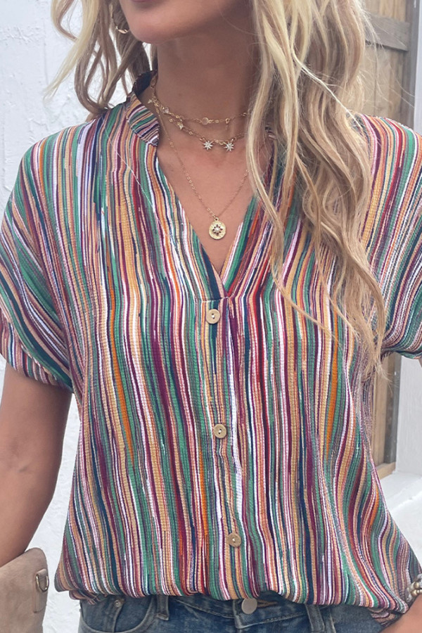 Multicolor Stripe V Neck Open Button Blouse Shirt