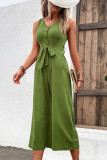 Plain V Neck Buttoned Wide Leg Jumpsuit With Sash