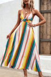 Multicolor Striped V Neck Spaghetti Strap Backless Maxi Dress