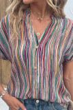 Multicolor Stripe V Neck Open Button Blouse Shirt