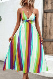 Multicolor Striped V Neck Spaghetti Strap Backless Maxi Dress