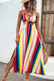 Multicolor Striped V Neck Spaghetti Strap Backless Maxi Dress