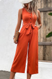 Plain V Neck Buttoned Wide Leg Jumpsuit With Sash